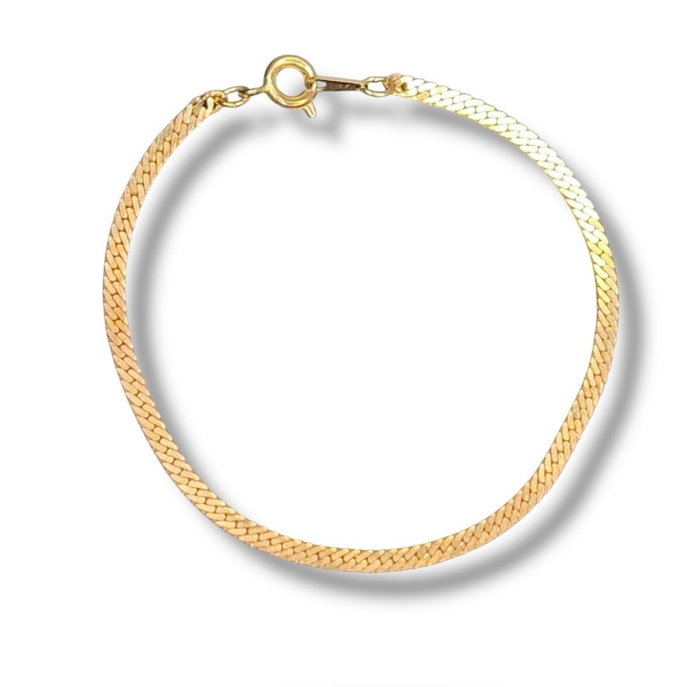 Vintage Made In Korea Yellow Gold Herringbone Bracelet Spring Ring Closure 7”